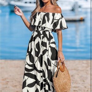Elegant Black and White Off-Shoulder Dress